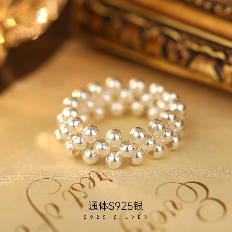 S925银新品素银手作圆珠戒指女韩
