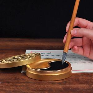 纯铜墨盒书法专用砚台黄铜雕龙墨池密封防漏带盖墨盘文房四宝用品