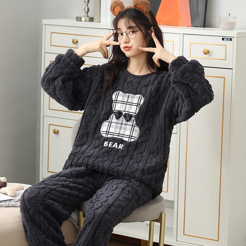 雅蝶茜套頭保暖珊瑚絨睡衣女加厚家居服套裝冬甜美可愛法蘭絨韓版