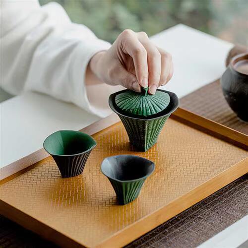 拓土雪点松绿三足盖碗茶杯旅行套装家用陶瓷功夫茶具便携布包收纳