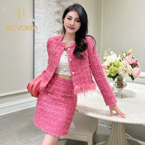 BCVOGA 23年新品小香风名媛粗花呢修身鸵鸟毛套装 YBATK310190