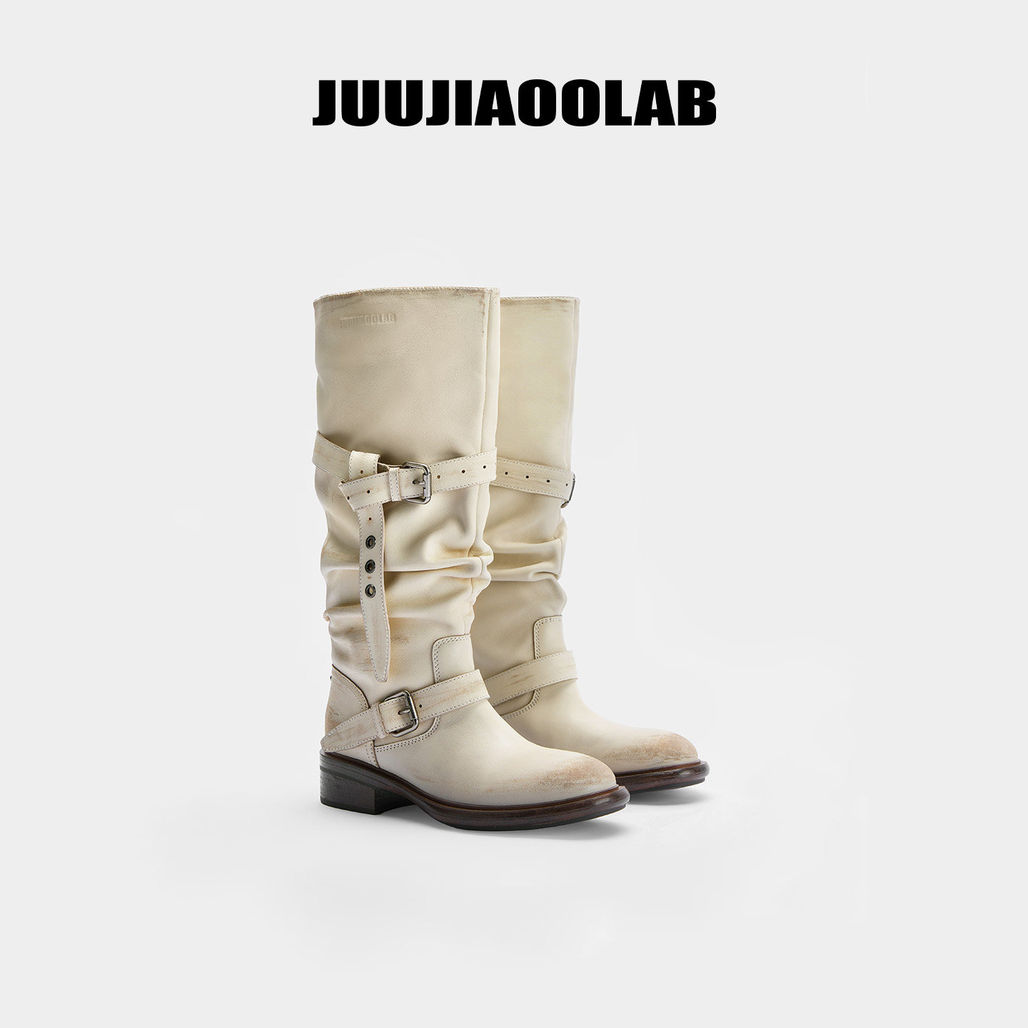 孙怡张艺凡同款|JUUJIAOOLAB26秋季白色褶皱堆堆高筒靴牛皮长靴女