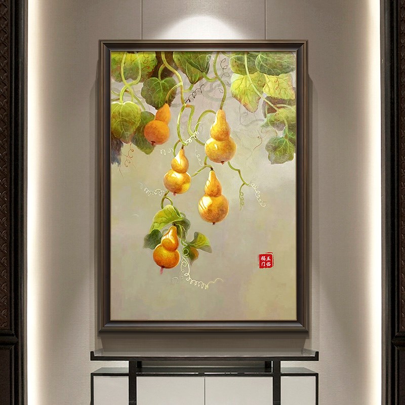 五福临门葫芦挂画新中式美式餐厅玄关装饰画入户走V廊过道手绘油