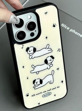 适用于苹果Ipone12Pro三只手机壳13ProMax夜光英文13Pro萌犬个性15ProMax清新简约16Pro黑色米色12时尚