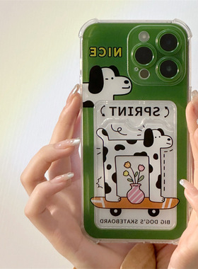 适用于苹果Ipone12Pro绿底手机壳15ProMax艺术张扬11Pro独特艺术13ProMax松弛滑板狗16Pro夺目卡包15Pro创意