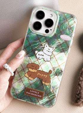适用于苹果Ipone11格纹手机壳16Pro棕色萌犬14ProMax绿色优雅12ProMax镭射文字15Pro透明独特13Pro巧思