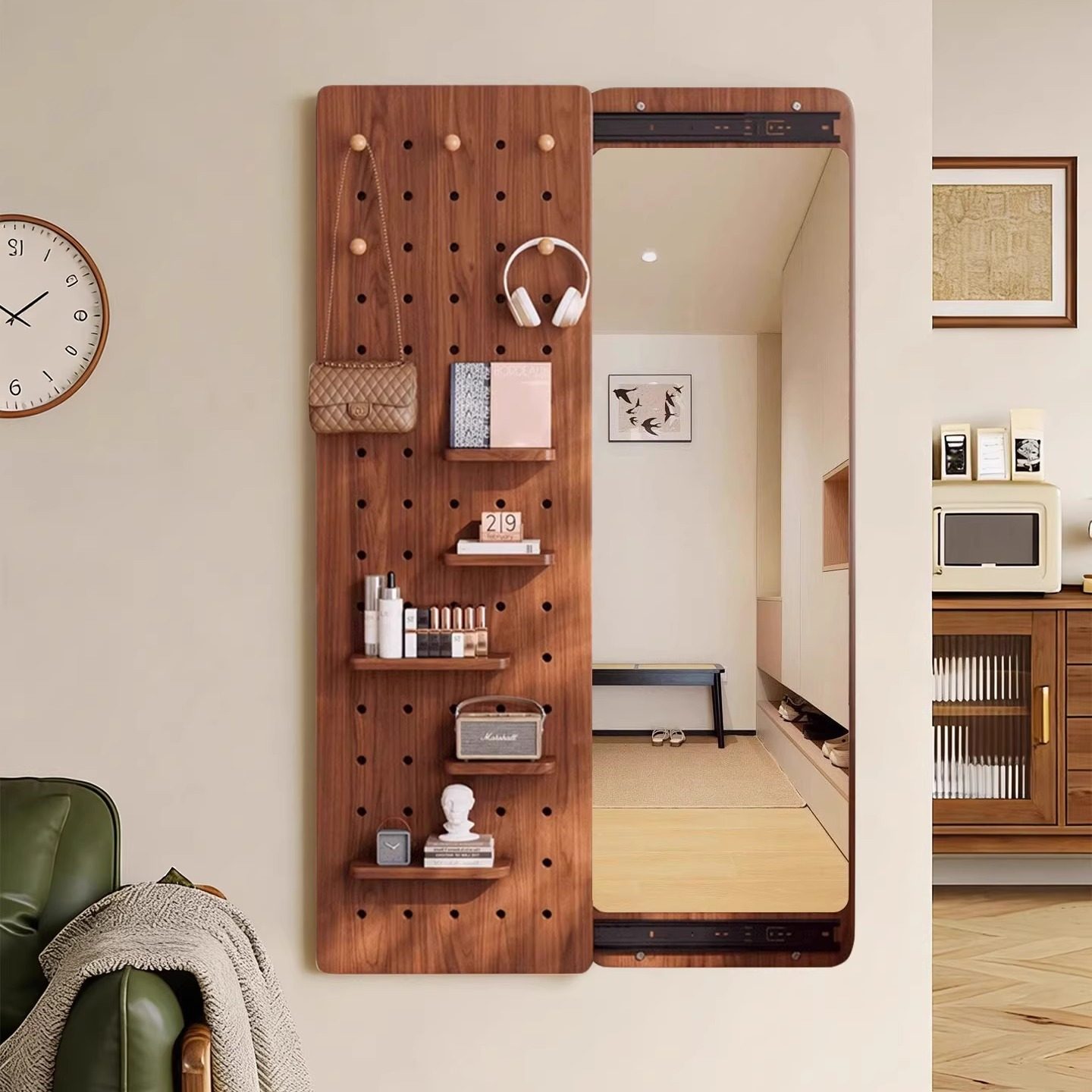 北欧原木风推拉镜玄关全身镜洞洞板置物架一体化设计收纳挂钩上墙,收纳整理,收纳洞洞板,淘宝优惠券,粉丝福利购,淘宝优惠卷