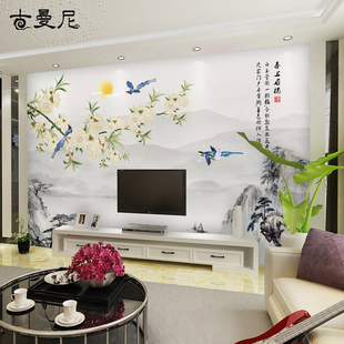 新中式 新品 山水E画电视背景墙壁纸花鸟壁画客厅影视墙纸装 饰墙布3