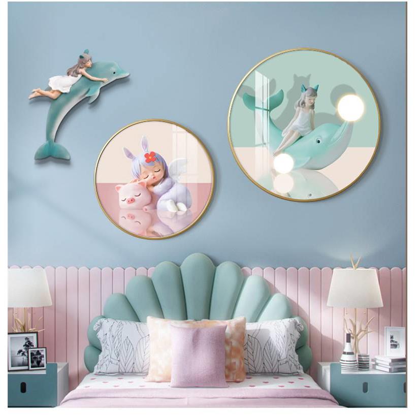 儿童房装饰画粉色女孩房间卧室床头挂画背景墙面壁画圆形立体墙画图片