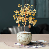 天然黄紫粉水晶发财树家居办公室桌面装 饰品可爱工艺品招财树摆件