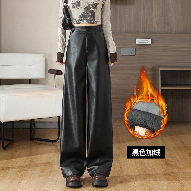 美式复古pu皮休闲裤女秋冬高腰显瘦宽松阔腿裤小个子直筒防风皮裤,女装/女士精品,休闲裤,淘宝优惠券,粉丝福利购,淘宝优惠卷
