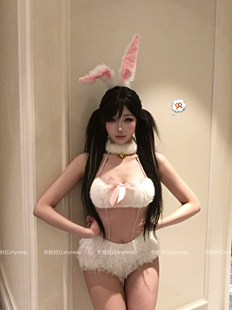 你脸好红shyness-粉兔绒绒-纯欲可爱毛绒挂脖网纱连体衣
