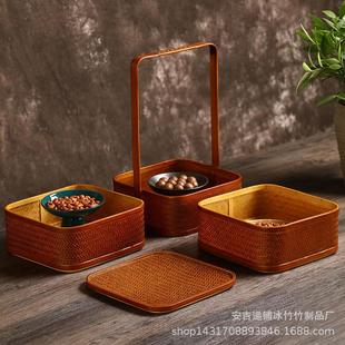 竹编收纳食盒盒茶提盖篮复古篮礼盒双层点YXD多层月饼水果糕带具