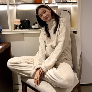 睡衣女士加厚珊瑚绒ins风休闲可外穿加绒保暖法兰绒家居服 秋冬款
