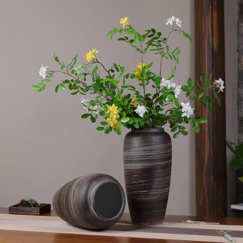 复古新中式艺术圈纹手工粗陶陶罐居家客厅水培插干花陶瓷花瓶装饰