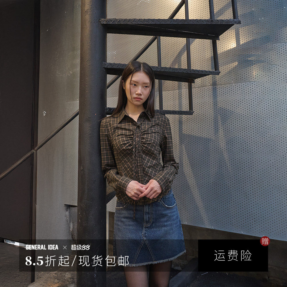 【折扣】GENERAL IDEA 韩国正品UMSUK女士系带褶皱格纹衬衫3515