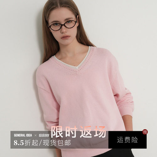 【现】GENERAL IDEA 韩国正品领针织套头衫长袖慵懒风毛衣女
