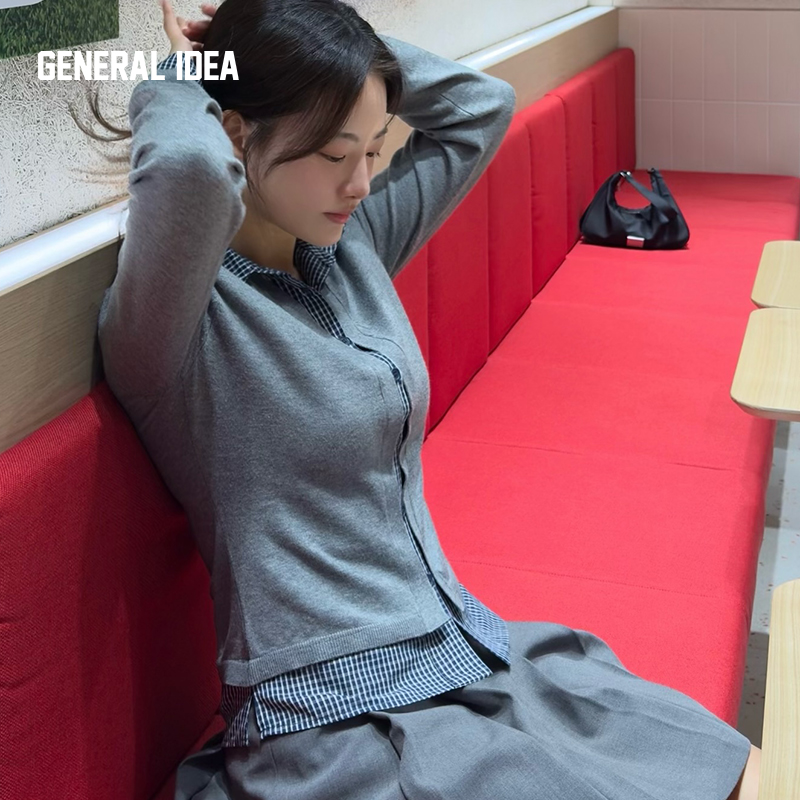 【现】GENERAL IDEA知识分子格纹拼接假两件微收腰开衫4530