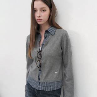 【现】GENERAL IDEA知识分子格纹拼接假两件微收腰开衫4530