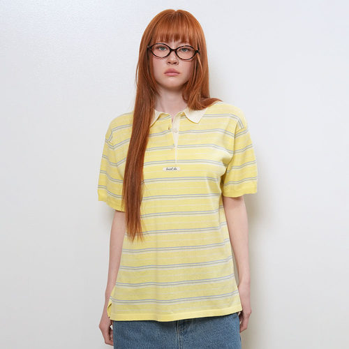 【现】GENERAL IDEA 休闲风宽松条纹翻领针织衫polo领短袖t恤女夏