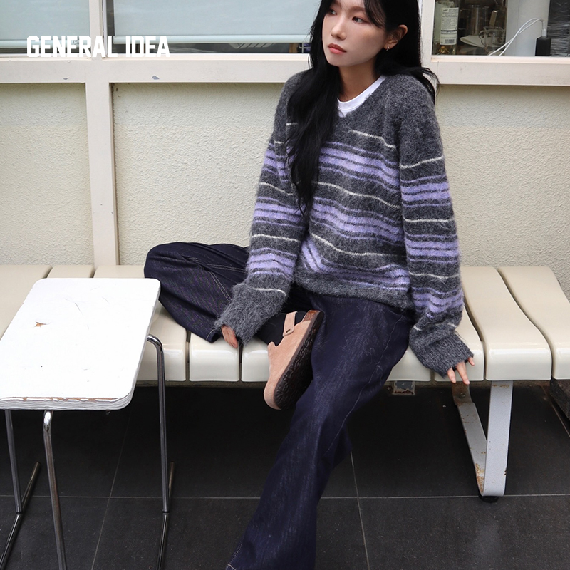 【田曦薇同款】GENERAL IDEA毛毛撞色条纹V领宽松套头毛衣5534