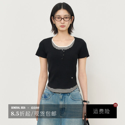 【折扣】General idea 韩国正品拼接假两件条纹短款短袖T恤女修身