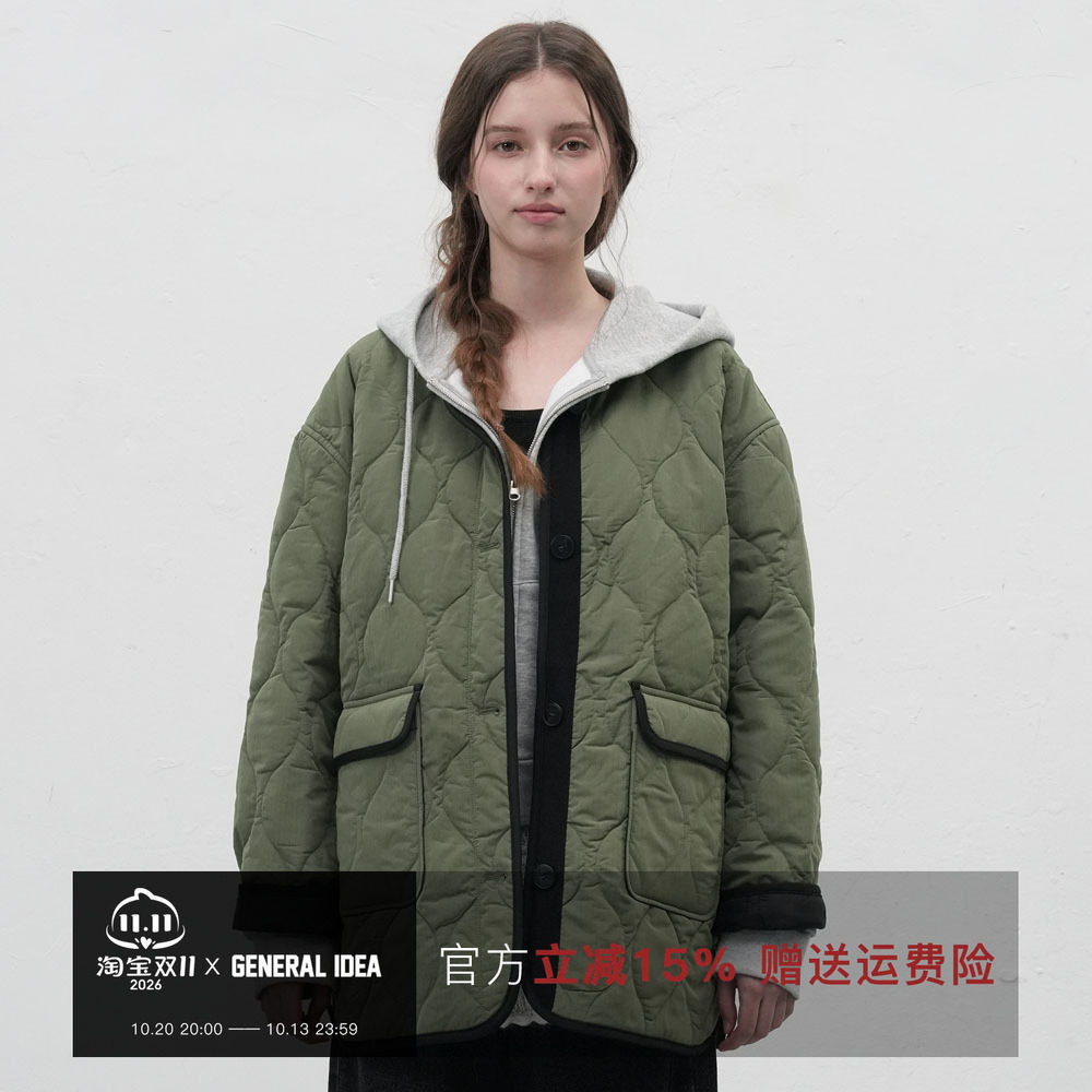 【折扣】General idea 韩国正品绗缝拼色夹棉棉服外套女送围巾