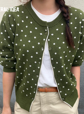 【现】General idea 日系经典拼色波点圆领针织开衫4511