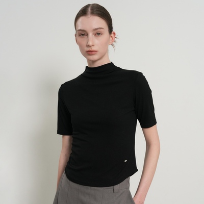 【现】GENERAL IDEA 醋酸缎面半高领短袖上衣复古正肩T恤女春新款