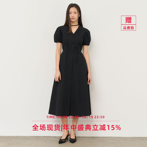 General idea 韩国正品赫本风泡泡袖束腰小黑裙5510