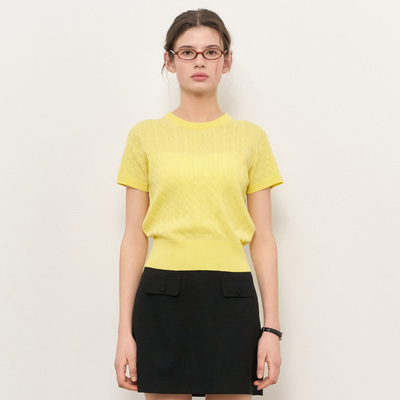 【现】General idea春季经典麻花短袖针织衫短款收腰显瘦女上衣