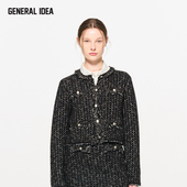 现 General idea 拼接毛边羊毛混纺圆领粗花呢编织短款 外套女