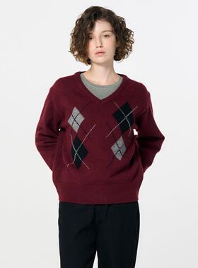 【折扣】General idea 秋冬美式复古菱格V 领套头针织毛衣5557