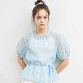 现 General idea春夏丝巾绑带透视泡泡袖 套头上衣短袖 宽松女