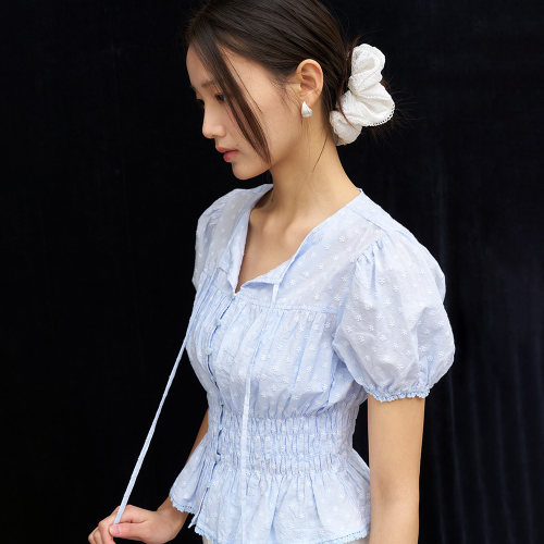 【现】General idea法式宫廷风收腰泡泡袖衬衫碎花薄款女短袖上衣