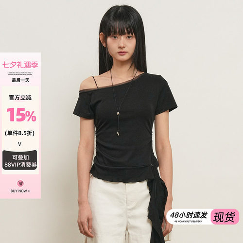 【现】General idea 韩国正品款斜肩修身显瘦设计感短袖T恤