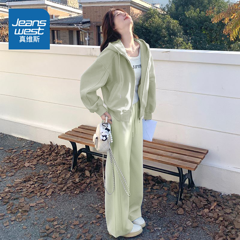 真维斯休闲运动服套装女春秋季宽松显瘦韩版学生连帽卫衣两件套W