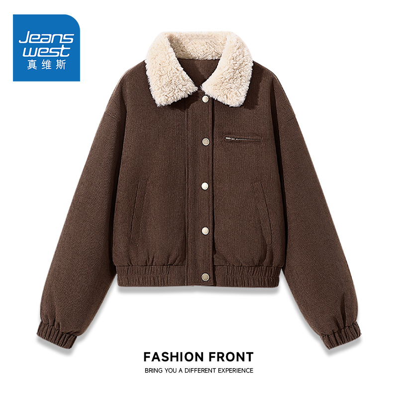 真维斯灯芯绒外套女2025新款小个子美式仿羊羔绒翻领夹棉夹克女W