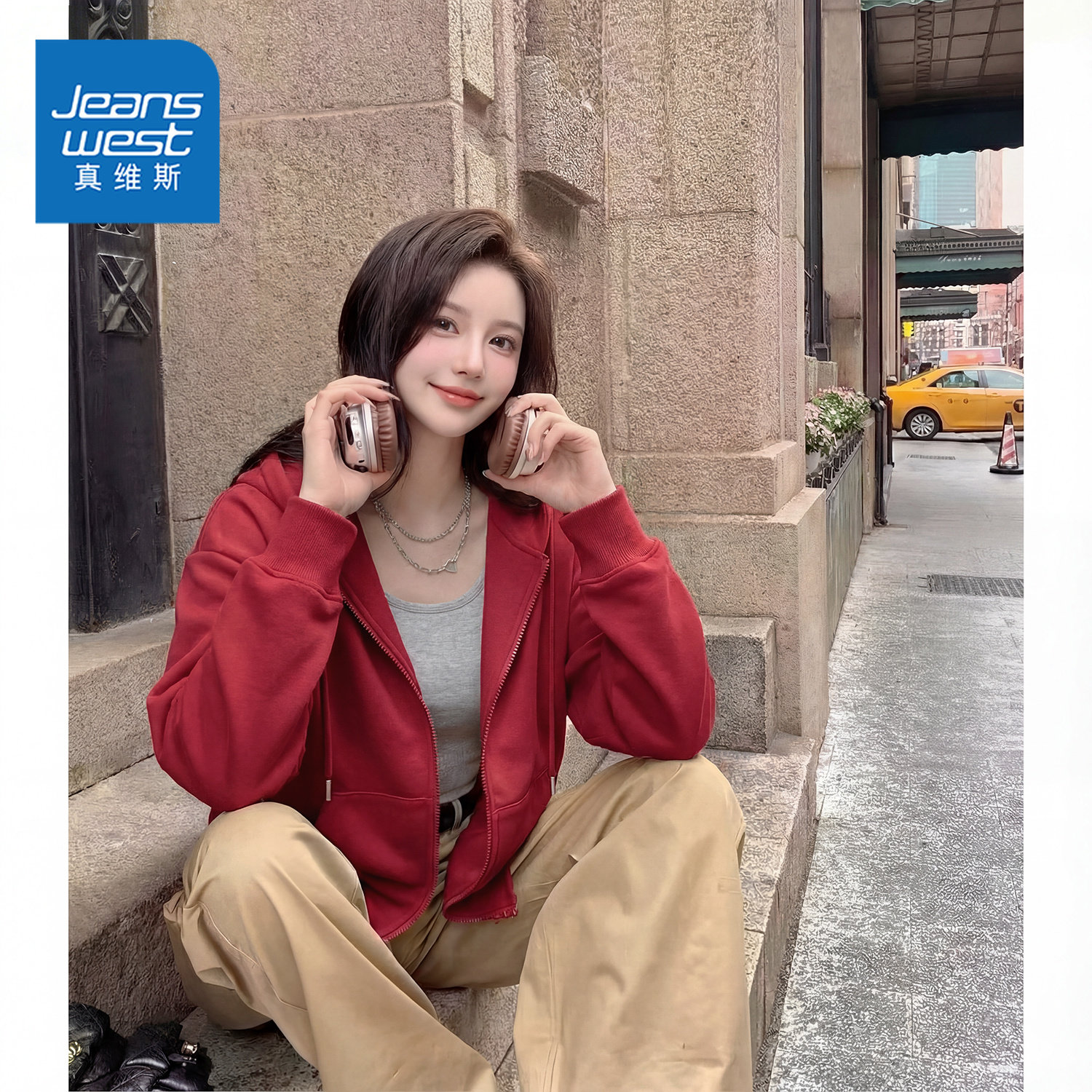 真维斯红色复古连帽卫衣外套女2026新款春秋季美式拉链开衫上衣W