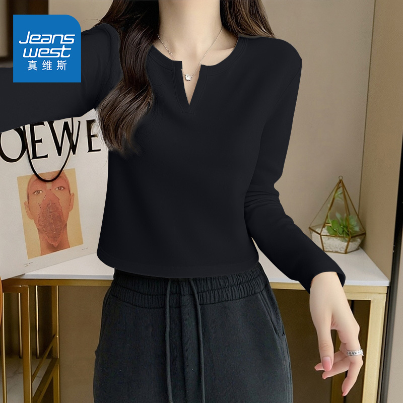真维斯新款小v领长袖修身t恤上衣