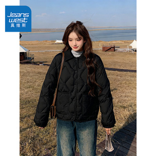 真维斯黑色轻薄棉服女2025新款秋冬撞色翻领超好看冬装夹棉外套W