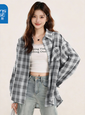 真维斯韩系宽松休闲衬衫女装2026早春新款雅痞风格子衬衣翻领上衣