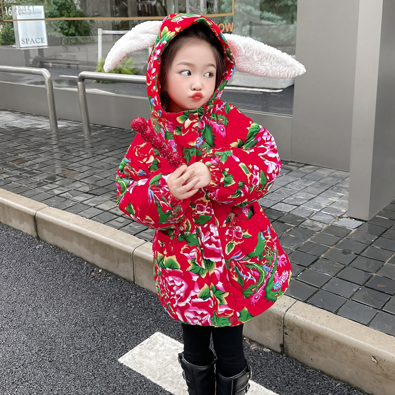 女童国潮风东北大花棉袄冬季新款宝宝加厚中长款土潮碎花收腰棉衣