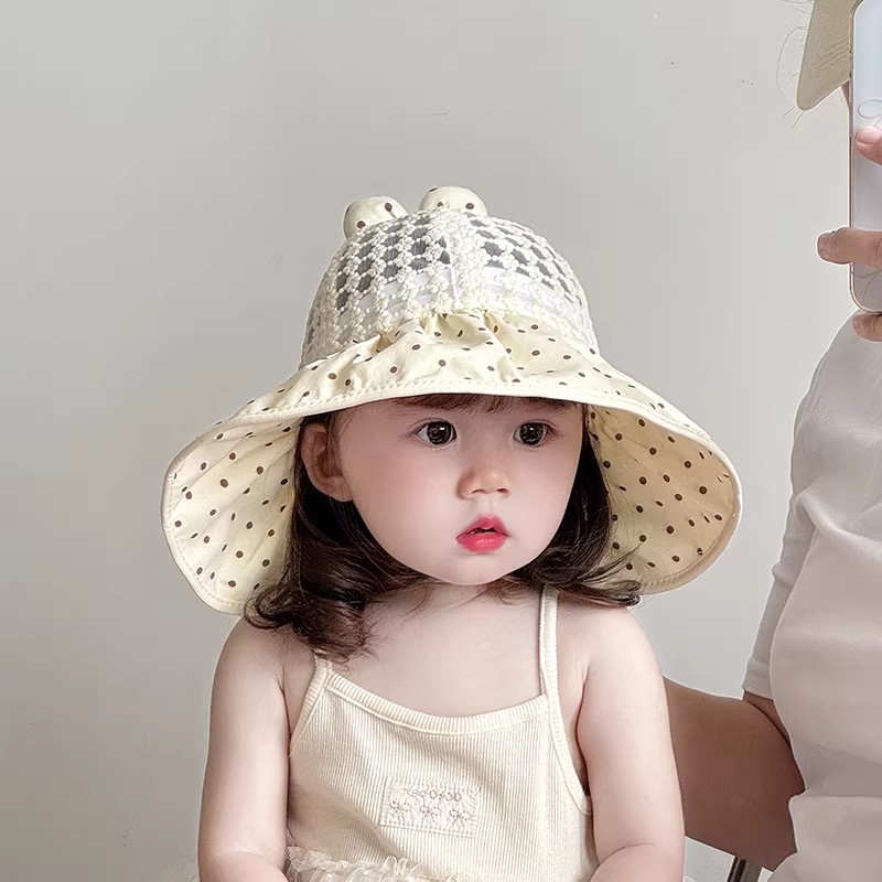 婴儿遮阳帽子夏季薄款透气网纱大帽檐渔夫帽可爱女宝宝防晒太阳帽