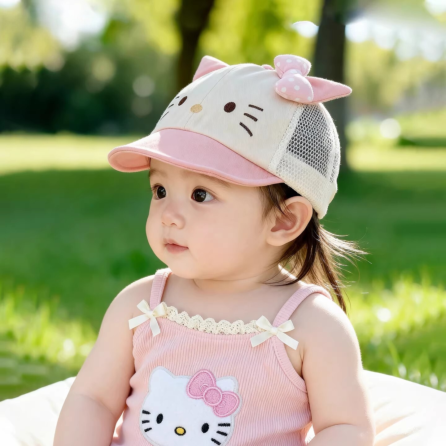 婴儿帽子夏季女宝宝鸭舌帽软檐网帽棒球帽可爱小猫KT遮阳防晒帽
