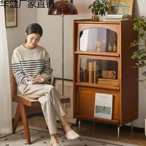 中古实木书柜客厅立柜杂志柜收纳储物柜日式落地柜玻璃展示柜简