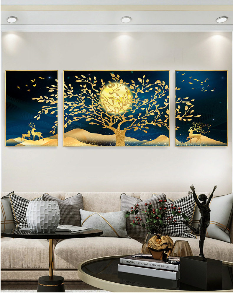 北欧客厅装饰画三拼大气组合鹿晶瓷挂画玄关墙画现代三联发财树