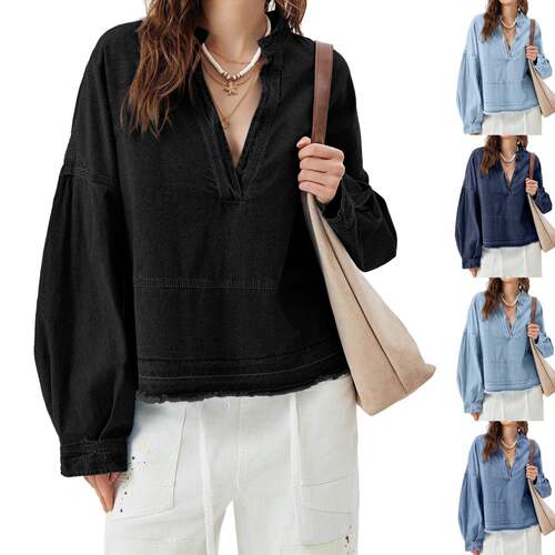 Womens Denim Tops Pullover Trendy Casual V Neck Loose Fit