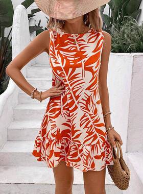 Women'S Plants Print Dress, Casual Sleeveless Dress For