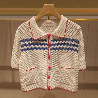 Womens Striped Short Sleeve Sweater Casual Knitted Button